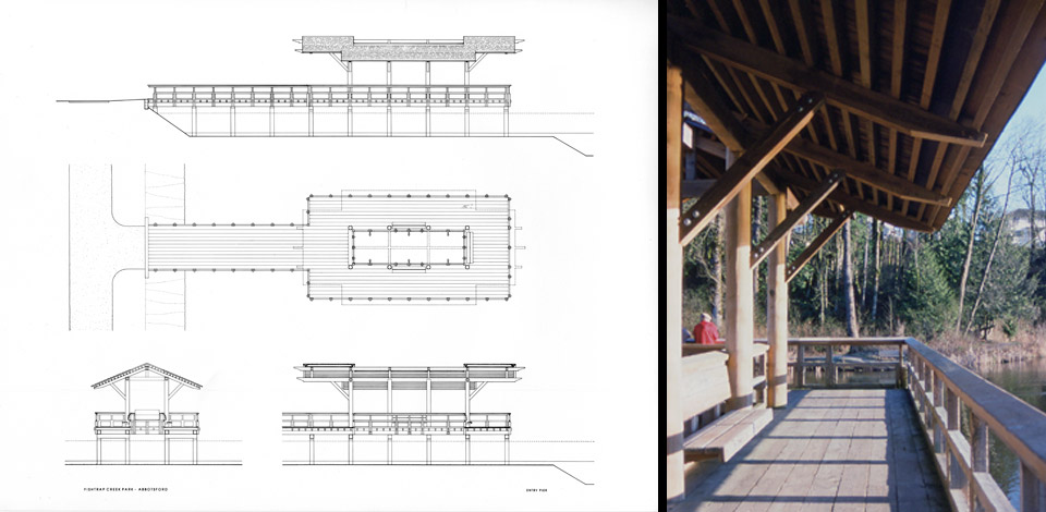 <p>Fishtrap Creek Park - Entry Pier - Abbotsford, BC</p><p>Fishtrap Creek Park is a stormwater retention area designed by Landscape Architect Catherine Berris. Within the park are 6 structures including an Entry Pier, Bridge, Reading Shelter, Picnic Shelter, Railway Observation Deck, and a Boardwalk. Completed in 1995.</p>