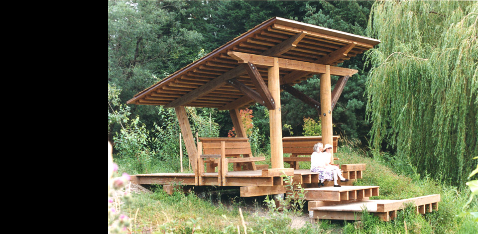 <p>Fishtrap Creek Park - Reading Shelter - Abbotsford, BC</p><p>Fishtrap Creek Park is a stormwater retention area designed by Landscape Architect Catherine Berris. Within the park are 6 structures including an Entry Pier, Bridge, Reading Shelter, Picnic Shelter, Railway Observation Deck, and a Boardwalk. Completed in 1995.</p>