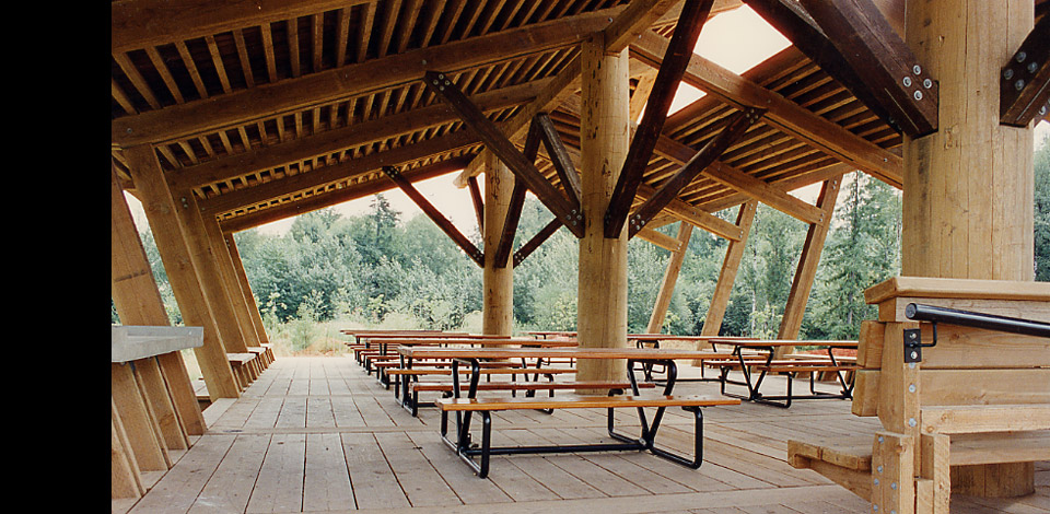 <p>Fishtrap Creek Park - Picnic Shelter - Abbotsford, BC</p><p>Fishtrap Creek Park is a stormwater retention area designed by Landscape Architect Catherine Berris. Within the park are 6 structures including an Entry Pier, Bridge, Reading Shelter, Picnic Shelter, Railway Observation Deck, and a Boardwalk. Completed in 1995.</p>